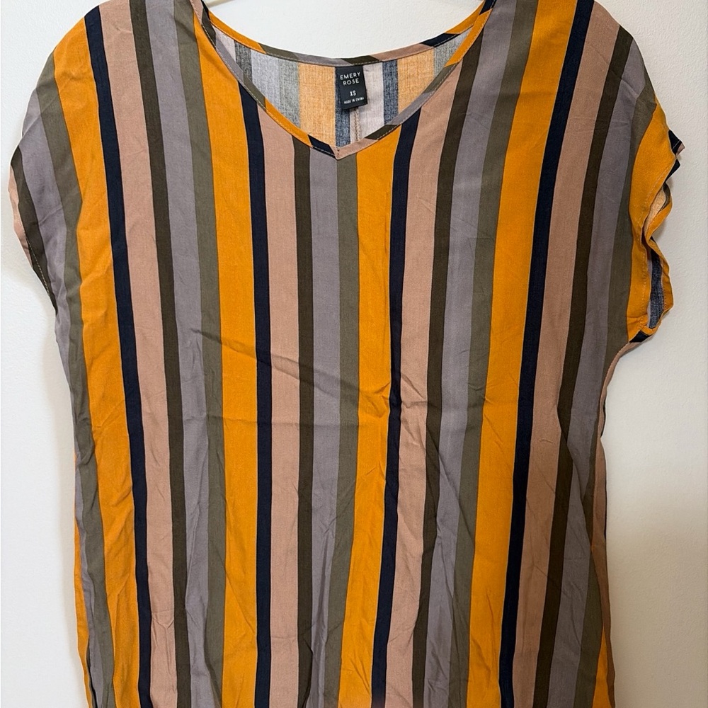 Emery Rose Striped V-Neck Blouse in Mustard and Taupe